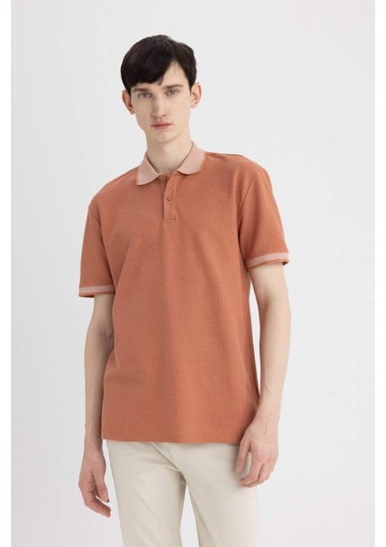 New Regular Fit Polo Yaka Waffle Kısa Kollu Basic Düz Tişört B4508AX24SP