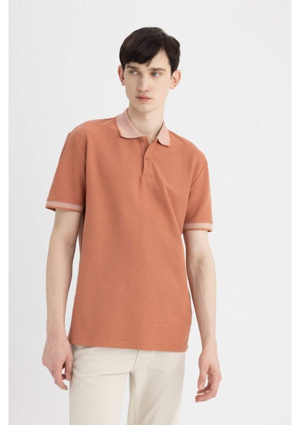 New Regular Fit Polo Yaka Waffle Kısa Kollu Basic Düz Tişört B4508AX24SP