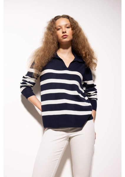 Regular Fit Polo Yaka Çizgili Triko Kazak A1249AX24WN