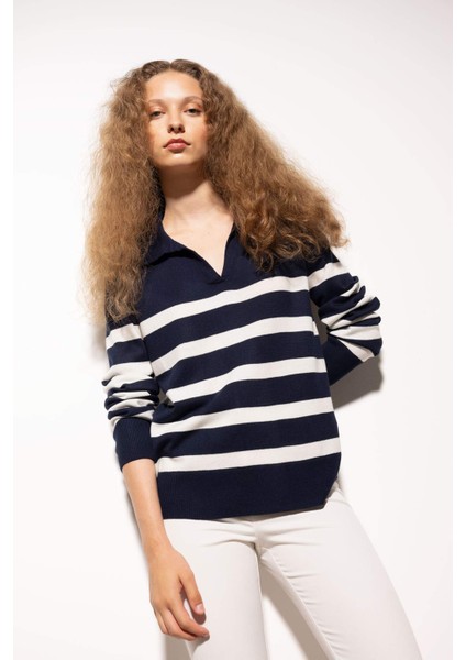 Regular Fit Polo Yaka Çizgili Triko Kazak A1249AX24WN