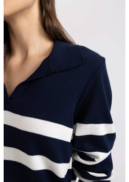 Regular Fit Polo Yaka Çizgili Triko Kazak A1249AX24WN