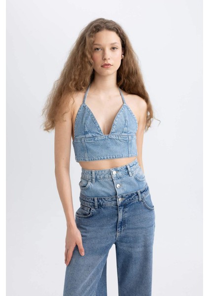 Boyundan Bağlamalı Crop Jean Bluz C5862AX24SP