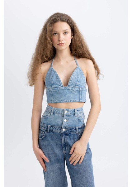 Boyundan Bağlamalı Crop Jean Bluz C5862AX24SP