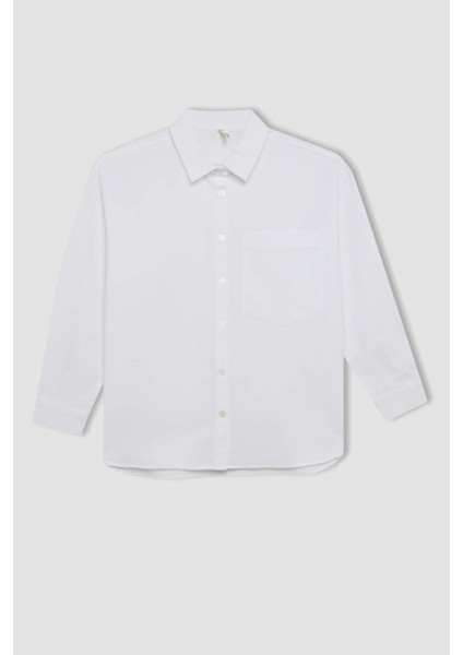 Kız Çocuk Oversize Geniş Kalıp Poplin Basic Düz Uzun Kollu Beyaz Okul Gömleği C7482A824AU