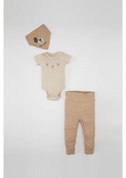 Erkek Bebek 3'lü Takım Fitilli Kaşkorse Çıtçıtlı Kısa Kollu Body Alt Fular