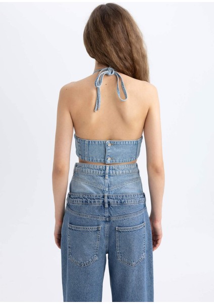 Boyundan Bağlamalı Crop Jean Bluz C5862AX24SP