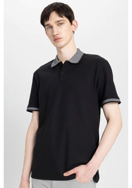 New Regular Fit Polo Yaka Waffle Kısa Kollu Basic Düz Tişört