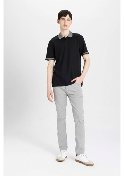 New Regular Fit Polo Yaka Waffle Kısa Kollu Basic Düz Tişört