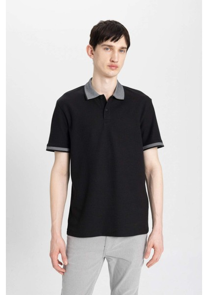 New Regular Fit Polo Yaka Waffle Kısa Kollu Basic Düz Tişört