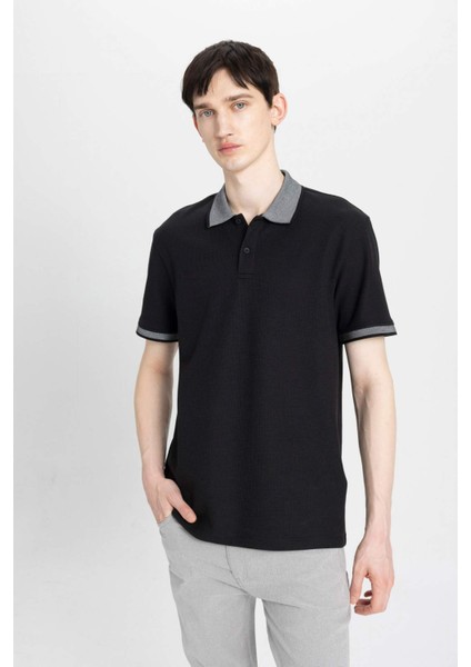 New Regular Fit Polo Yaka Waffle Kısa Kollu Basic Düz Tişört