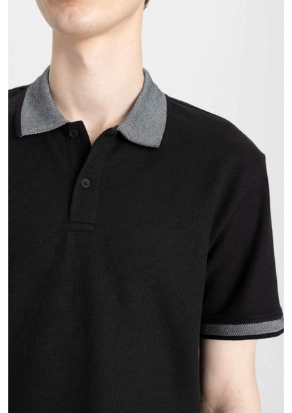 New Regular Fit Polo Yaka Waffle Kısa Kollu Basic Düz Tişört