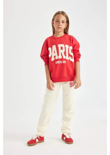 Kız Çocuk Ekru Baskılı Beli Paçası Lastikli Cepli Jogger Okul Eşofman Altı