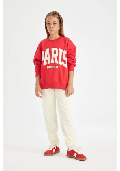 Kız Çocuk Ekru Baskılı Beli Paçası Lastikli Cepli Jogger Okul Eşofman Altı