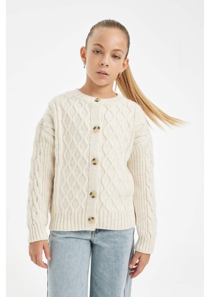 Kız Çocuk Triko Bisiklet Yaka Düğmeli Hırka C6937A824AU