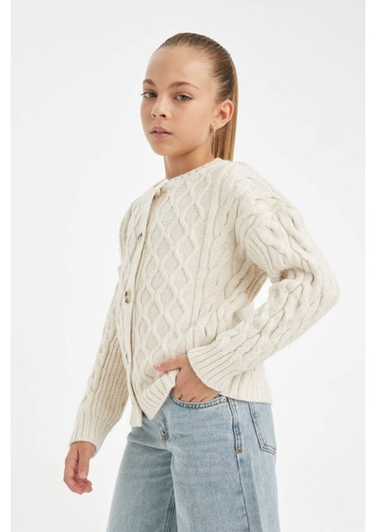 Kız Çocuk Triko Bisiklet Yaka Düğmeli Hırka C6937A824AU