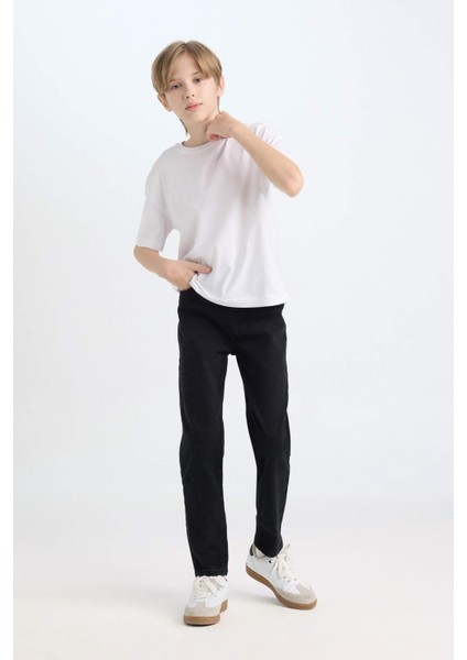 Erkek Çocuk Okul Slim Fit Dar Kesim Düz Paça Cepli Siyah Basic Düz Jean Pantolon
