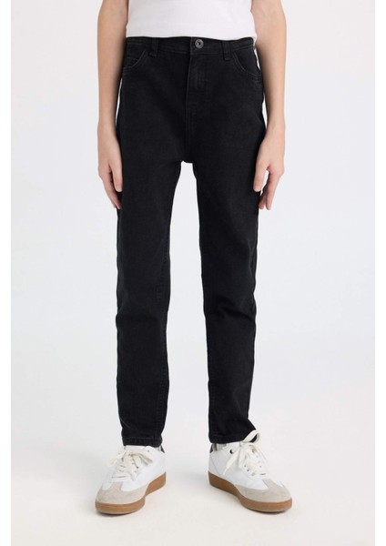 Erkek Çocuk Okul Slim Fit Dar Kesim Düz Paça Cepli Siyah Basic Düz Jean Pantolon
