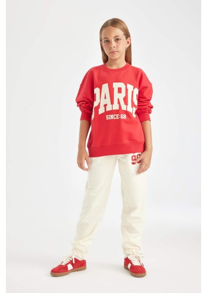 Kız Çocuk Ekru Baskılı Beli Paçası Lastikli Cepli Jogger Okul Eşofman Altı