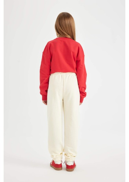 Kız Çocuk Ekru Baskılı Beli Paçası Lastikli Cepli Jogger Okul Eşofman Altı