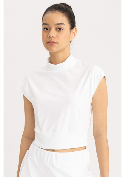 Fit Crop Dik Yaka Sporcu Kısa Kollu Ağır Kumaş Tişört