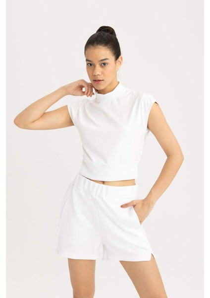 Fit Crop Dik Yaka Sporcu Kısa Kollu Ağır Kumaş Tişört