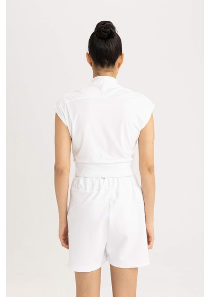 Fit Crop Dik Yaka Sporcu Kısa Kollu Ağır Kumaş Tişört