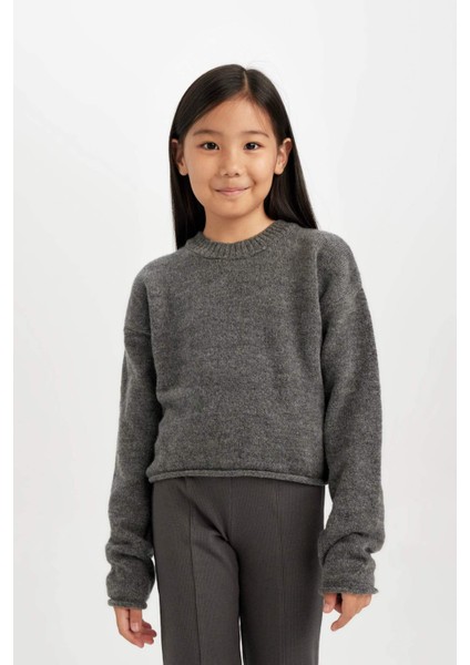 Kız Çocuk Standart Fit Bisiklet Yaka Basic Düz Triko Kazak C6908A824AU