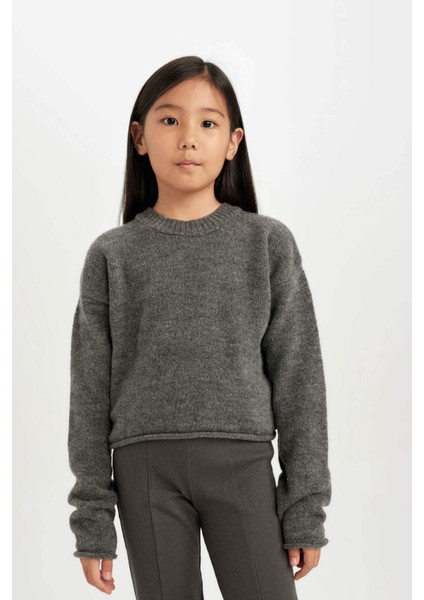 Kız Çocuk Standart Fit Bisiklet Yaka Basic Düz Triko Kazak C6908A824AU