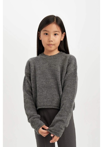 Kız Çocuk Standart Fit Bisiklet Yaka Basic Düz Triko Kazak C6908A824AU