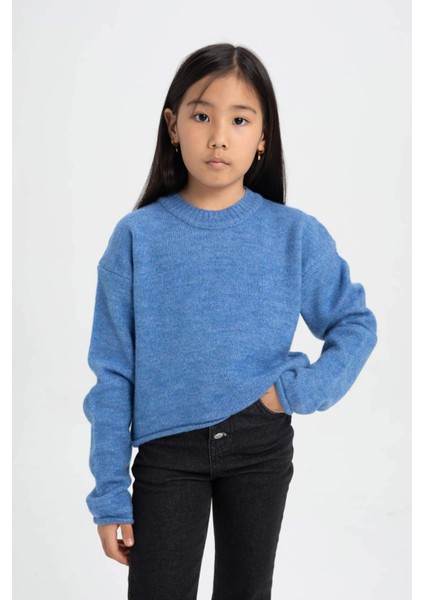 Kız Çocuk Mavi Standart Fit Bisiklet Yaka Basic Düz Triko Kazak C6908A824AU