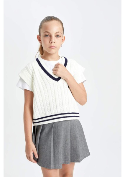 Kız Çocuk Standart Fit V Yaka Okul Triko Süveteri C6933A824AU