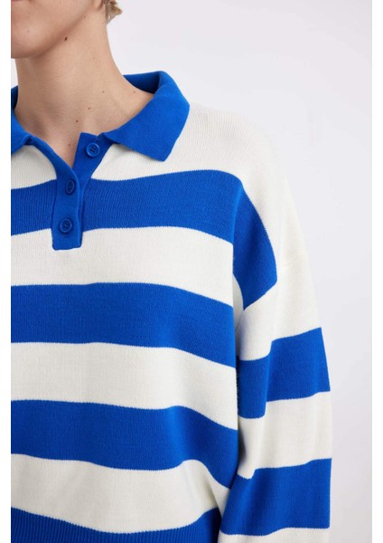 Regular Fit Polo Yaka Düğmeli Çizgili Triko Kazak A2357AX24WN