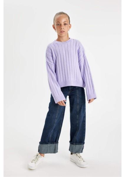 Kız Çocuk Oversize Geniş Kalıp Bisiklet Yaka Basic Düz Triko Kazak C6945A824AU