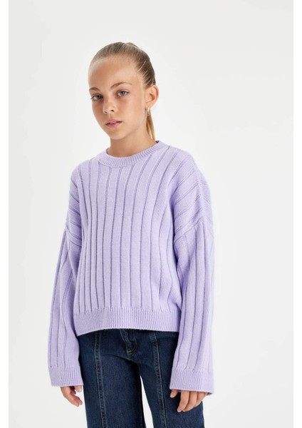 Kız Çocuk Oversize Geniş Kalıp Bisiklet Yaka Basic Düz Triko Kazak C6945A824AU