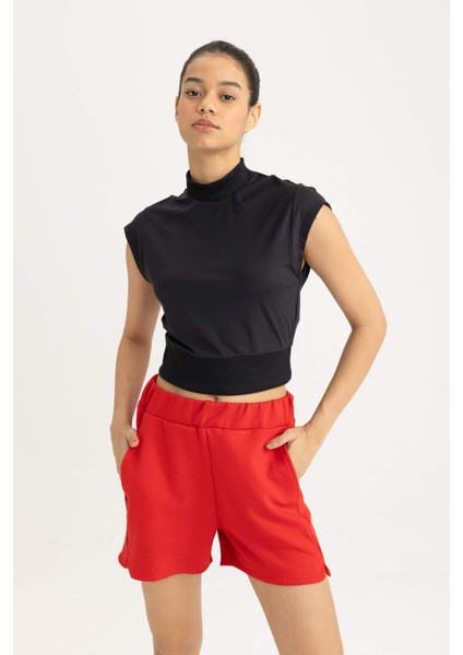 Fit Crop Dik Yaka Sporcu Kısa Kollu Ağır Kumaş Tişört