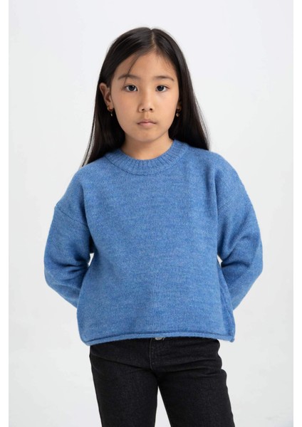 Kız Çocuk Mavi Standart Fit Bisiklet Yaka Basic Düz Triko Kazak C6908A824AU