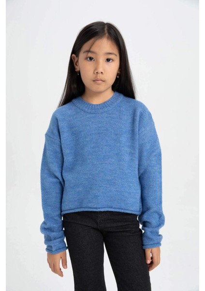 Kız Çocuk Mavi Standart Fit Bisiklet Yaka Basic Düz Triko Kazak C6908A824AU