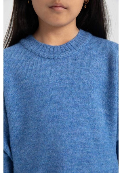 Kız Çocuk Mavi Standart Fit Bisiklet Yaka Basic Düz Triko Kazak C6908A824AU