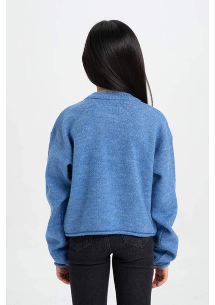 Kız Çocuk Mavi Standart Fit Bisiklet Yaka Basic Düz Triko Kazak C6908A824AU