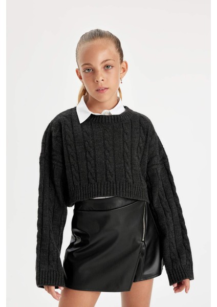 Kız Çocuk Crop Bisiklet Yaka Saç Örgülü Triko Kazak C6934A824AU