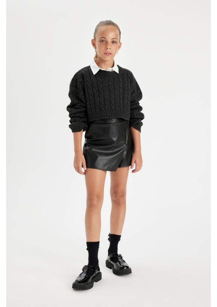 Kız Çocuk Crop Bisiklet Yaka Saç Örgülü Triko Kazak C6934A824AU