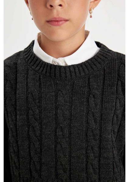 Kız Çocuk Crop Bisiklet Yaka Saç Örgülü Triko Kazak C6934A824AU