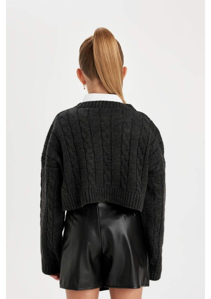 Kız Çocuk Crop Bisiklet Yaka Saç Örgülü Triko Kazak C6934A824AU