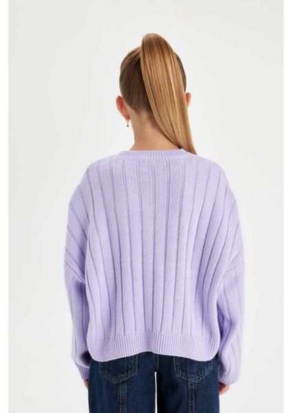 Kız Çocuk Oversize Geniş Kalıp Bisiklet Yaka Basic Düz Triko Kazak C6945A824AU