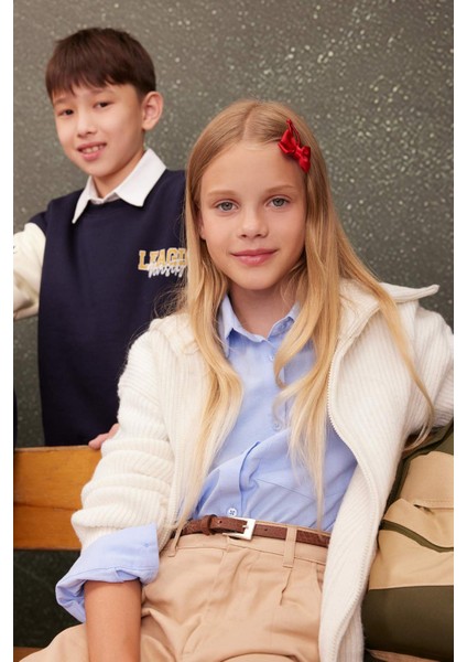 Kız Çocuk Triko Basic Düz Dik Yaka Cepli Fermuarlı Ekru Okul Hırkası C6924A824AU