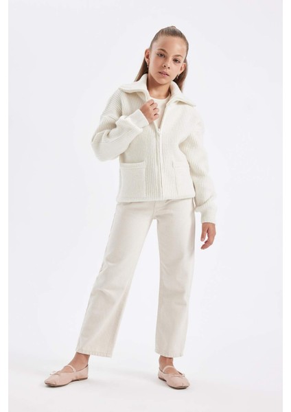 Kız Çocuk Triko Basic Düz Dik Yaka Cepli Fermuarlı Ekru Okul Hırkası C6924A824AU