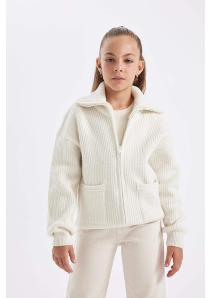 Kız Çocuk Triko Basic Düz Dik Yaka Cepli Fermuarlı Ekru Okul Hırkası C6924A824AU