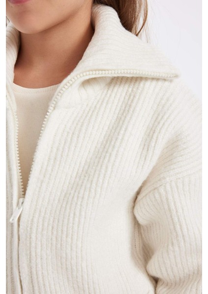 Kız Çocuk Triko Basic Düz Dik Yaka Cepli Fermuarlı Ekru Okul Hırkası C6924A824AU