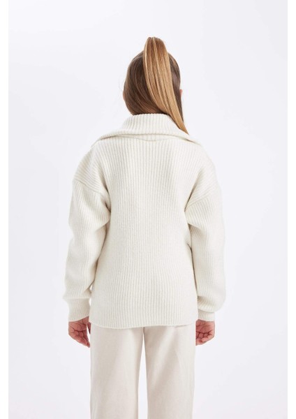 Kız Çocuk Triko Basic Düz Dik Yaka Cepli Fermuarlı Ekru Okul Hırkası C6924A824AU