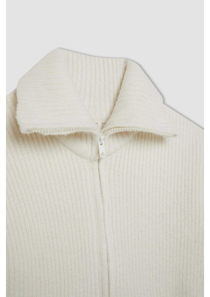 Kız Çocuk Triko Basic Düz Dik Yaka Cepli Fermuarlı Ekru Okul Hırkası C6924A824AU